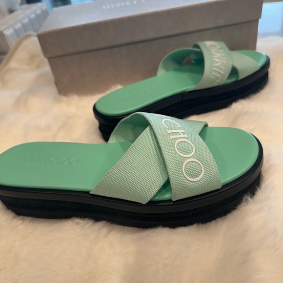 Jimmy Choo Green Canvas Logo Wedge Sandals - Picture 5 of 10